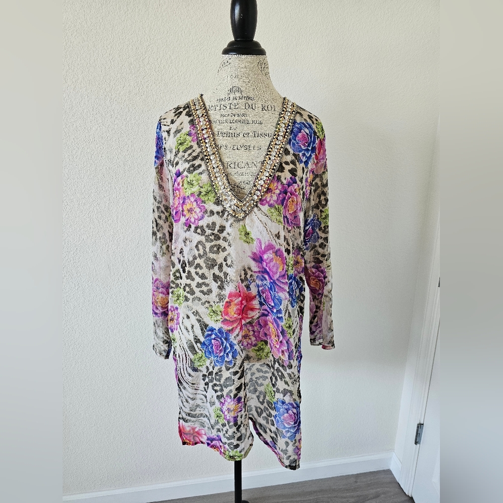 Just Love Embellished Kaftan Tunic - Leopard & Floral Print - One Size - Boho